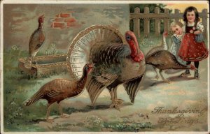 Thanksgiving Children Watch Turkeys in Yard Gel Gelatin c1910 Vintage Postcard