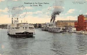 La Crosse Wisconsin Steamboats Harbor Scene Linen Antique Postcard K14355