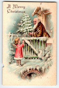 Santa Claus Christmas Postcard Brown Suit Angel Girl Snow Covered Trees 1907