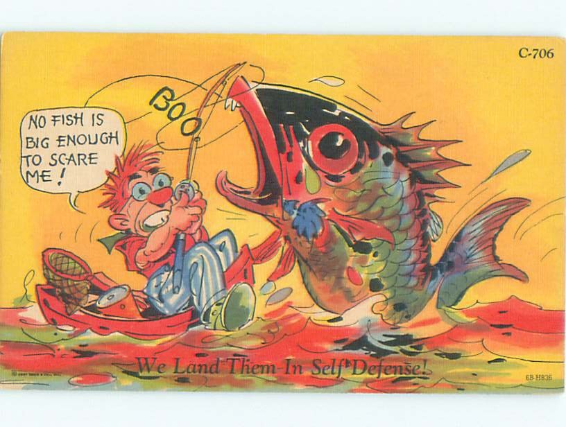 Linen Comic fishing exaggeration FISHERMAN CATCHES HUGE FISH AC0150 ...