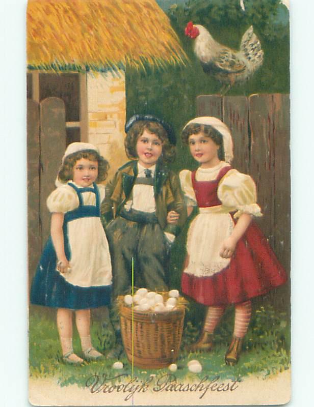 Pre-Linen easter foreign GIRLS ON EACH SIDE OF BOY WITH EGG BASKET J4466