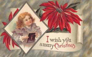  little girl with bible poinsettias christmas postcard german c1910 ac104