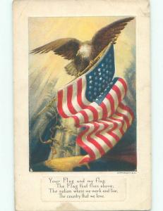 1918 patriotic AMERICAN EAGLE BIRD SITTING ON USA FLAG W7317