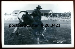 h5034 - CALGARY STAMPEDE 1940s Steer Riding. Real Photo Postcard by Photocrafts