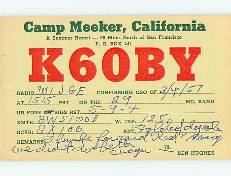 1957 Vintage Qsl Ham Radio Card Camp Meeker California CA t1747