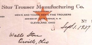 1937 STAR TROUSER MANUFACTURING CO CLEVELAND OHIO BILLHEAD INVOICE Z436