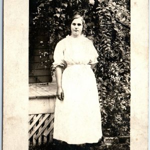 c1910s Young Lady Outdoors RPPC House Porch Real Photo PC ID'd Mary E. Rife A185