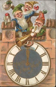 New Year Fantasy Gnomes Revelry Bugle Money Gilt Inlay Vintage Postcard