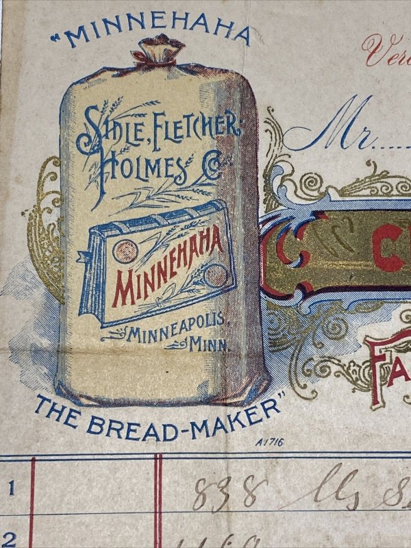 1897 Minnehaha Bread Maker SIDLE FLETCHER HOLMES Lehner Verona PA Billhead