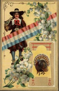 Thanksgiving Pilgrim Man with Musket Turkey Embossed c1910 Vintage Postcard