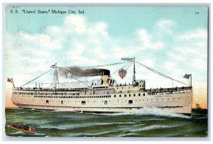 1913 S.S. United States Michigan City Indiana IN Chicago IL Antique Postcard