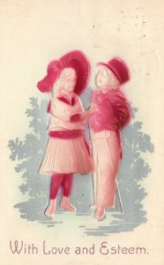 Vintage Postcard 1910's With Love and Esteem Greetings Boy and Girl Embossed