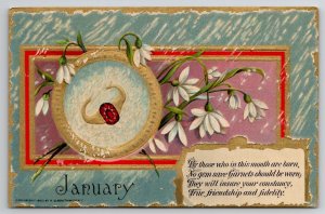Birthstone January Garnet Birthday Snowdrops Embossed Greeting Postcard L37
