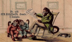 1880s ANTHROPOMORPHIC WASHINGTON'S BIRTHDAY MONKEYS LEISURE TRADE CARD 26-69