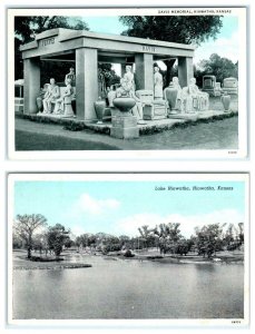 2 Postcards HIAWATHA, KS ~ DAVIS MEMORIAL Mt. Hope Cemetery, Lake Hiawatha 1940s
