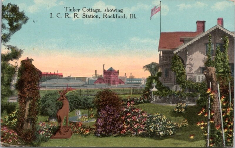 Postcard IL Rockford - Tinker Cottage showing I.C.R.R. Station