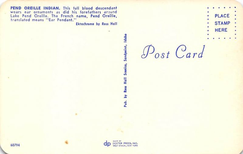 Indian Post Card Pend Oreille Indian Postcard Unused