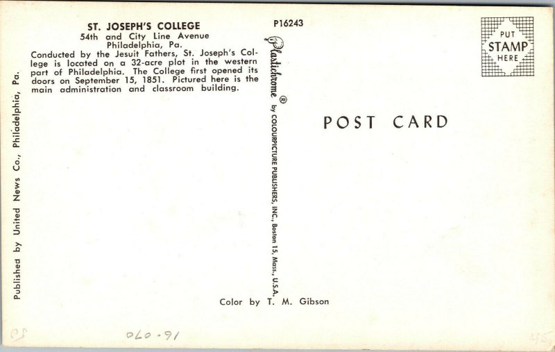 Vtg 1950s St Joseph's College Philadelphia Pennsylvania PA Unused Postcard