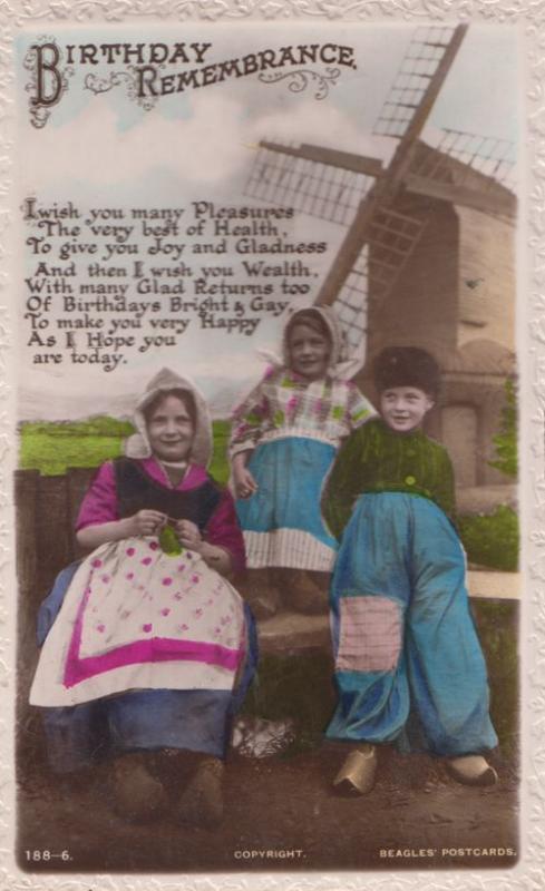 Happy Birthday English Children In Dutch Costume Windmill Old Greetings Postcard