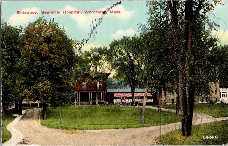 Memorial Hospital Worcester Mass Entrance WOB Note Postcard Letter Vintage Car 