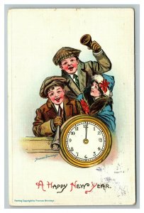 Vintage 1915 Frances Brundage New Year's Postcard Boys Newsboy Hats Clock