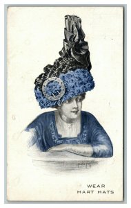 Vintage 1910 Advertising Postcard Hart Hats Woman in Large Blue & Black Hat