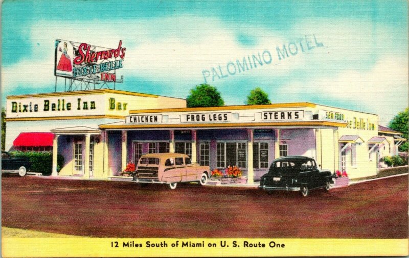 Vtg Linen Postcard Miami Florida FL Sherrard's Dixie Belle Inn Cars UNP