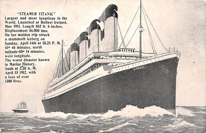 Steamer Titanic Ship A loss of over 1300 Lives Unused minimal corner wear, li...
