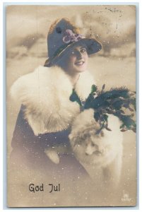 c1910's Merry Christmas Pretty Woman Fur Snow Winter RPPC Photo Antique Postcard