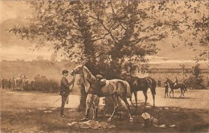 Preparing the horse for the hunt Old vintage French photo postcard