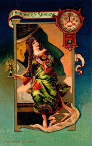 Vintage Beautiful Winsch Girl,Spooky Shadow,Grandfather Clock Halloween Postcard