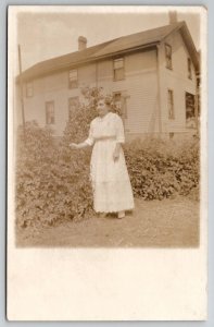 RPPC Edwardian Woman Poses In Yard Real Photo Postcard M21