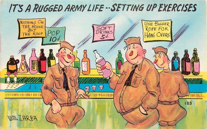 MILITARY ARMY COMIC POSTCARD WM ZARBA RUGGED ARMY LIFE SETTING UP EXERCISES