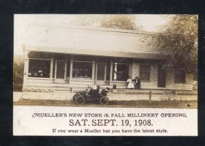 REAL PHOTO ELKPORT IOWA MUELLER'S MILLINERY STORE ADVERTISING POSTCAD COPY