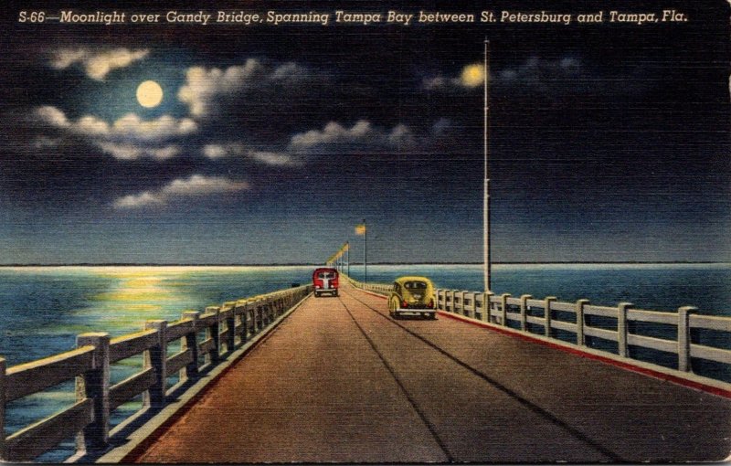 Florida Moonlight Over Gandy Bridge Spanning Tampa Bay 1947 Curteich