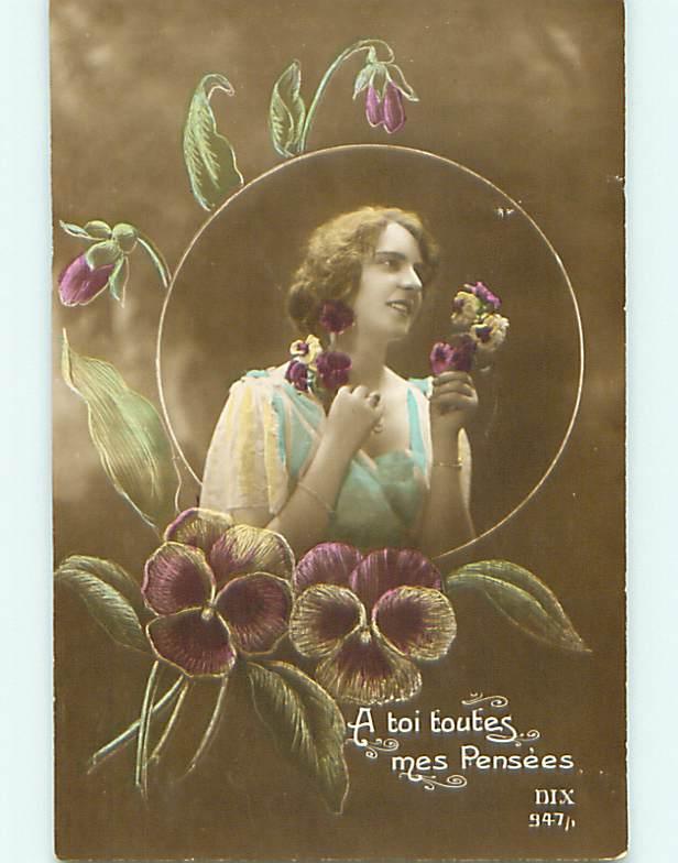 1921 rppc tinted PRETTY FRENCH GIRL IN BLUE DRESS HOLDING FLOWERS r6379