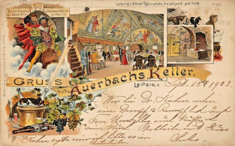 GRUSS AUERBACHS KELLER~WEINSTUBE BESTEHEND SEIT 1438~LEIPZIG GERMANY POSTCARD