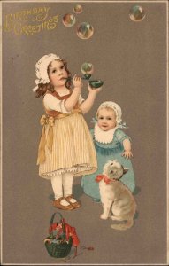 Birthday Little Girl Baby & Kitty Cat Blowing Bubbles Meissner & Buch Postcard