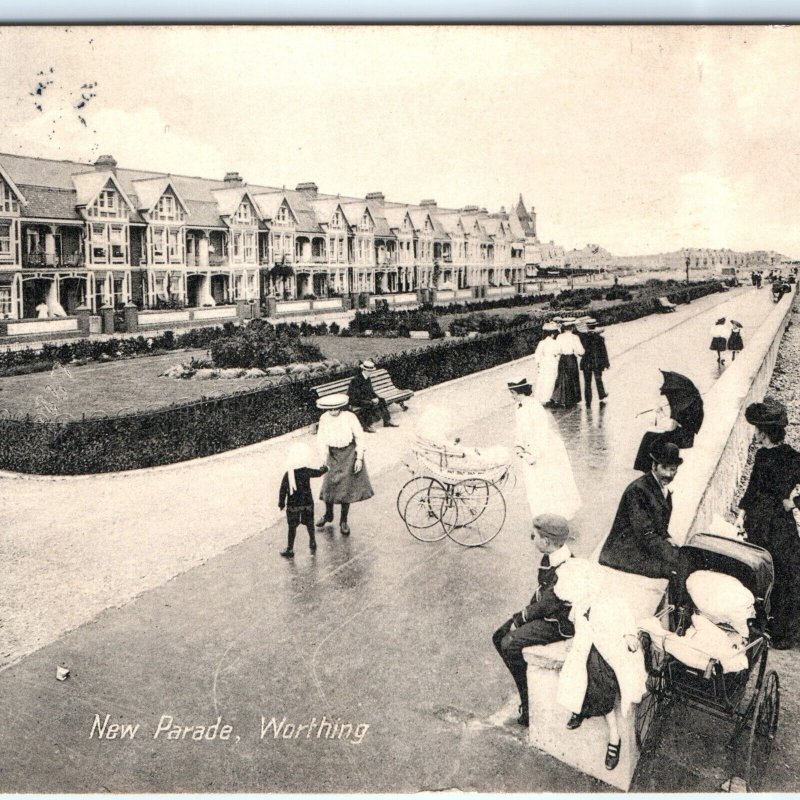 c1900s New Parade, Worthing, England Lovely Photo Postcard Baby Strollers A81