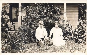 Young Boy & Girl with French Bull Dog Antique 1910s Real Photo Postcard