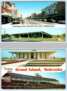2 Postcards GRAND ISLAND, NE ~ Street Scene, Library, Museum, Fonner Park c1970s