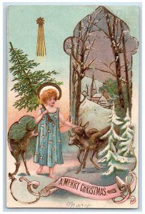 1907 Merry Christmas Girl And Deer Winter Embossed Shamokin PA Antique Postcard