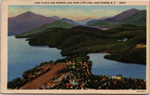 Postcard NY Adirondacks Lake Placid and Mirror Lake from Airplane