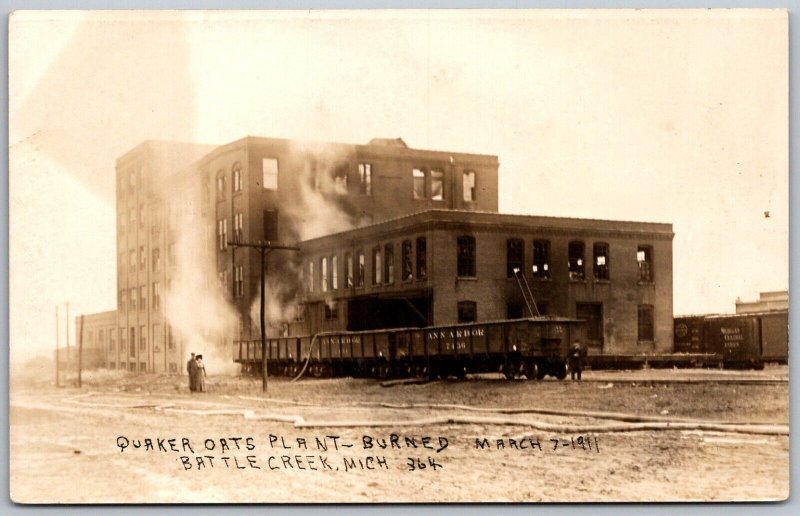 Battle Creek Michigan 1911 RPPC Real Photo Postcard Quaker Oats Plant Burned