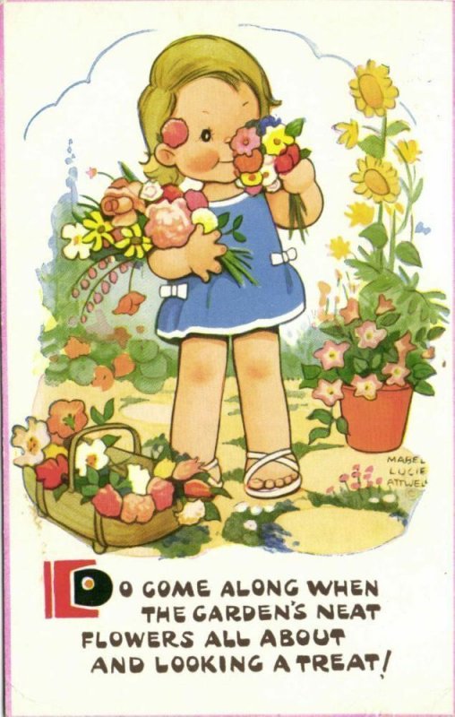 artist signed MABEL LUCIE ATTWELL, Girl Flowers (1965)