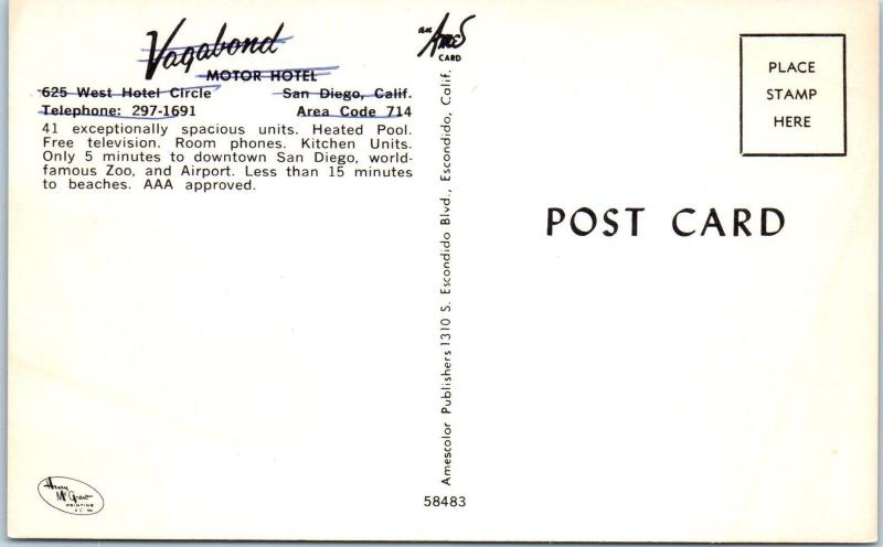 SAN DIEGO, CA California    VAGABOND MOTOR HOTEL  c60s Car  Roadside  Postcard