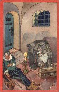 Medieval Art Bear in Stocks Sleeping Jester Clown c1910 Vintage Postcard