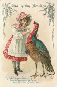 Thanksgiving Blessings, Little Girl with Turkey, Embossed