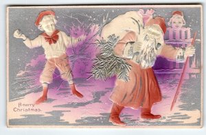 Santa Claus Christmas Postcard Airbrushed Boy Throws Snowball Purple Germany