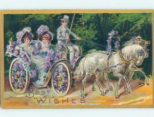 Pre-Linen BEAUTIFUL WHITE HORSES PULL WOMEN IN THEIR FLOWER CARRIAGE HL4372